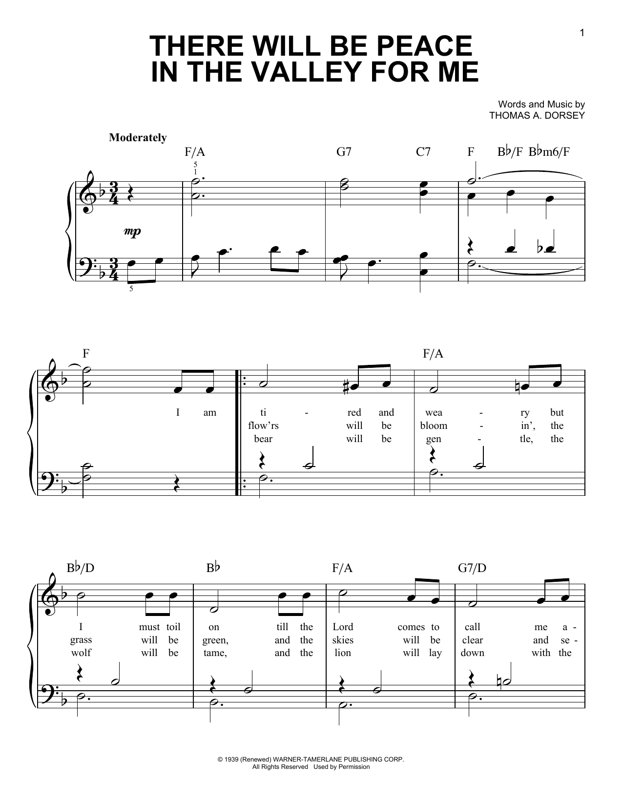 Thomas A. Dorsey There Will Be Peace In The Valley For Me Sheet Music Notes & Chords for Easy Piano - Download or Print PDF