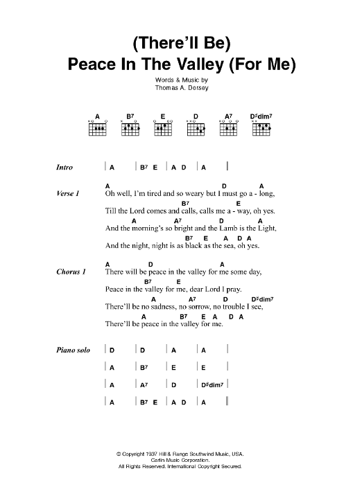 Johnny Cash (There'll Be) Peace In The Valley (For Me) Sheet Music Notes & Chords for Lyrics & Chords - Download or Print PDF