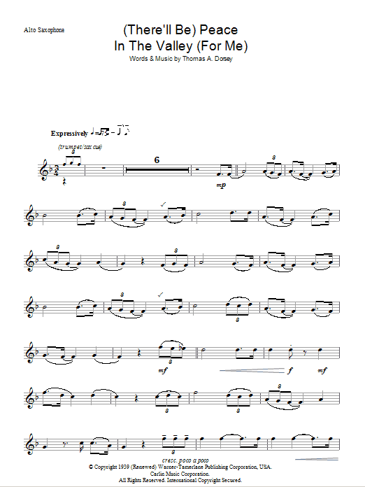 Johnny Cash (There'll Be) Peace In The Valley (For Me) Sheet Music Notes & Chords for Alto Saxophone - Download or Print PDF