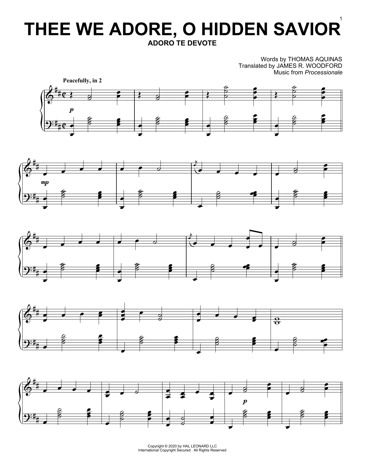 Thomas Aquinas Thee We Adore, O Hidden Savior Sheet Music Notes & Chords for Piano Solo - Download or Print PDF