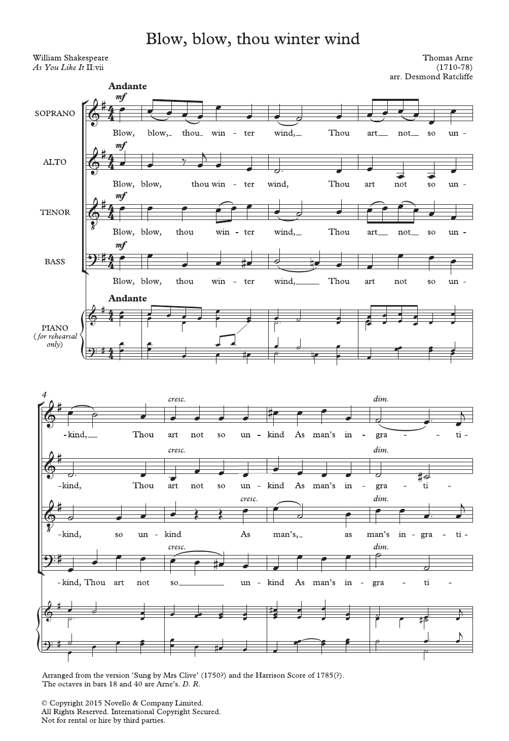 Thomas Arne Blow, Blow, Thou Winter Wind (arr. Desmond Ratcliffe) Sheet Music Notes & Chords for SATB Choir - Download or Print PDF