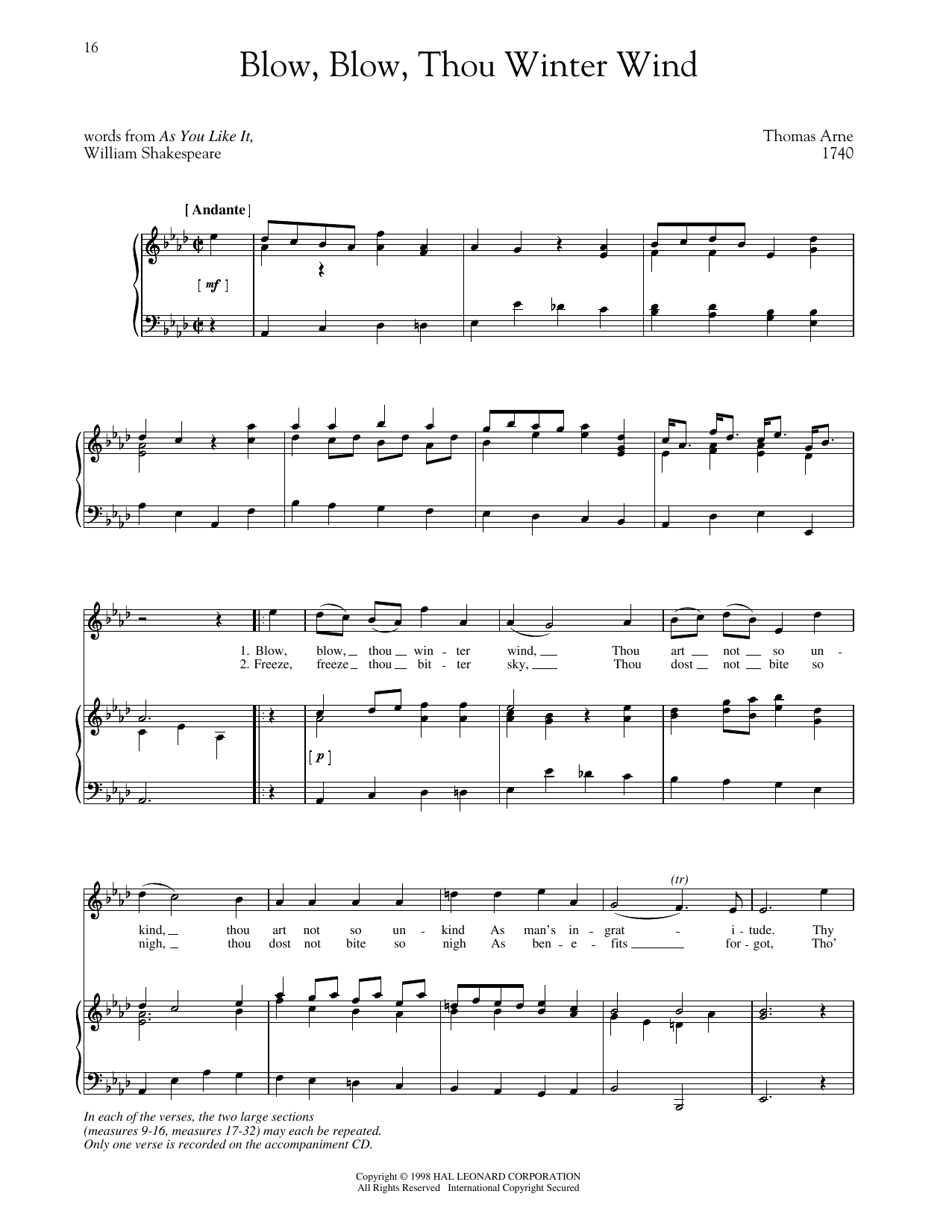 Thomas Arne Blow, Blow, Thou Winter Wind Sheet Music Notes & Chords for Piano & Vocal - Download or Print PDF