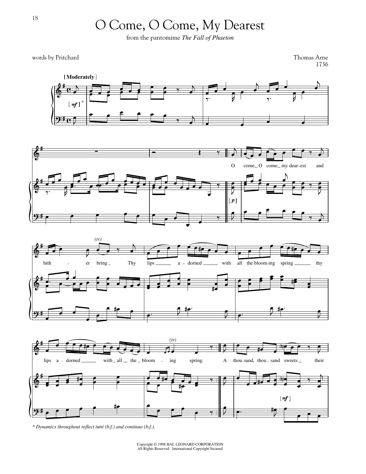 Thomas Arne O Come, O Come, My Dearest Sheet Music Notes & Chords for Piano & Vocal - Download or Print PDF