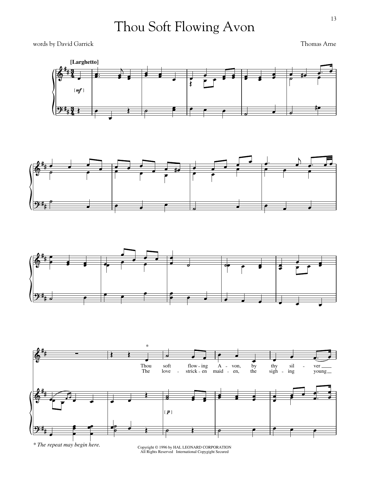 Thomas Arne Thou Soft Flowing Avon Sheet Music Notes & Chords for Piano & Vocal - Download or Print PDF