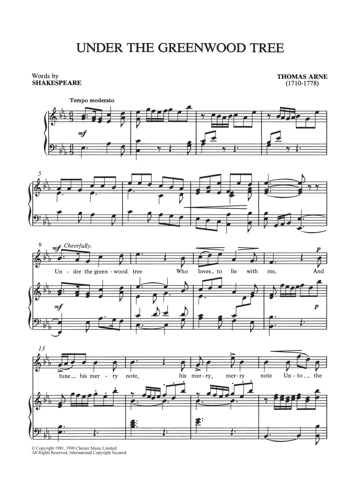 Thomas Arne Under The Greenwood Tree Sheet Music Notes & Chords for Piano & Vocal - Download or Print PDF