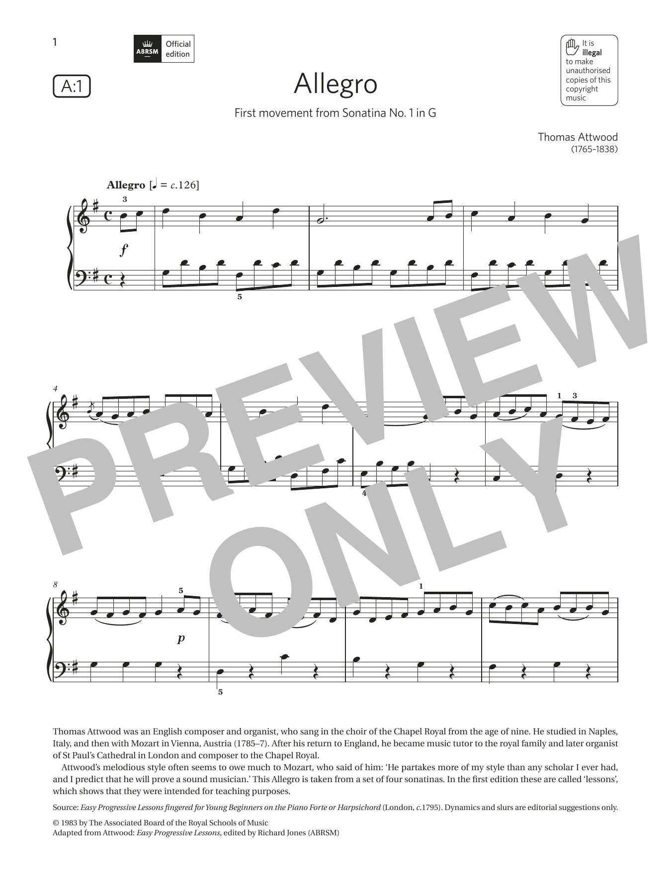 Thomas Attwood Allegro (Grade 2, list A1, from the ABRSM Piano Syllabus 2021 & 2022) Sheet Music Notes & Chords for Piano Solo - Download or Print PDF