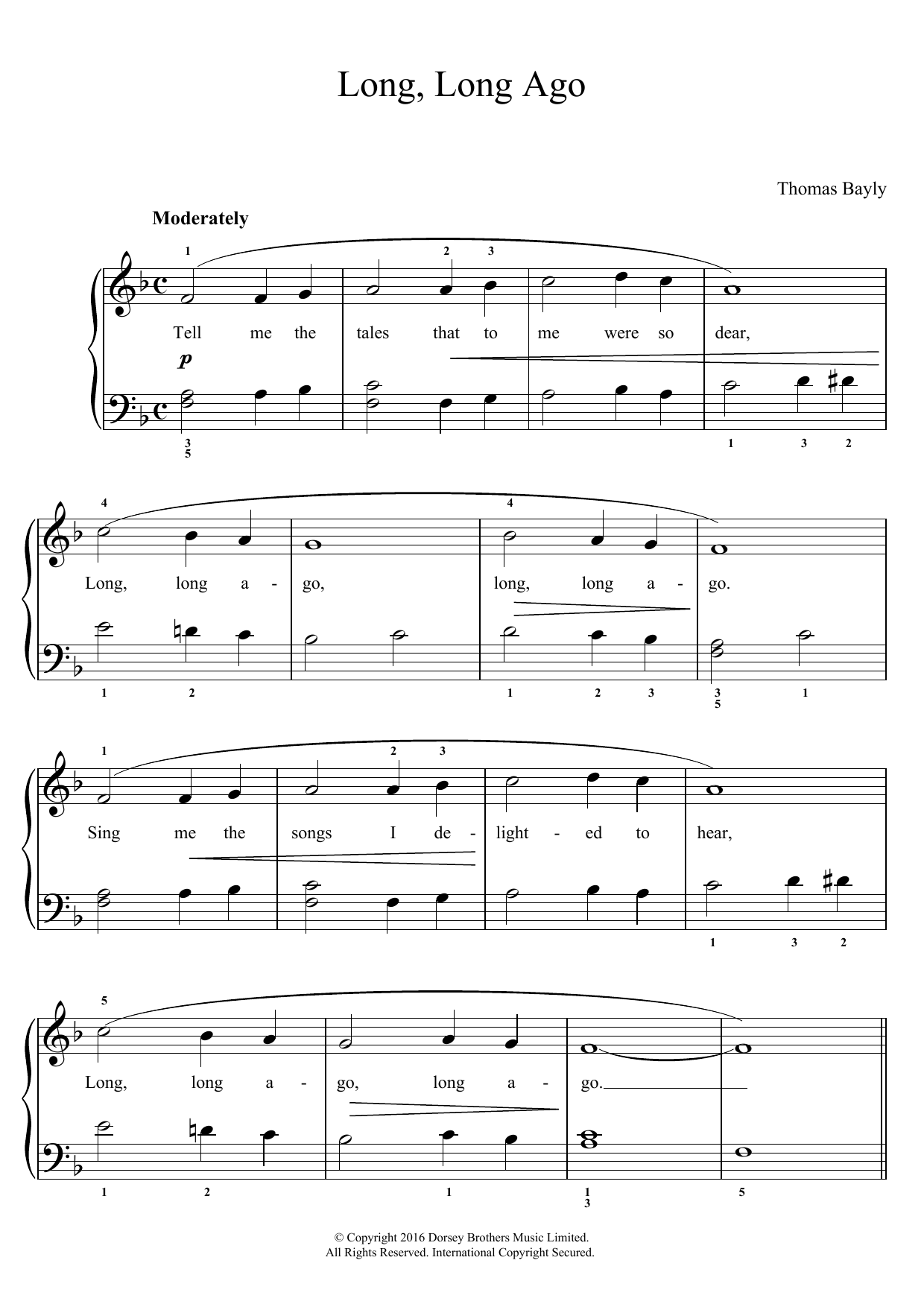 Thomas Bayly Long, Long Ago Sheet Music Notes & Chords for Easy Piano - Download or Print PDF