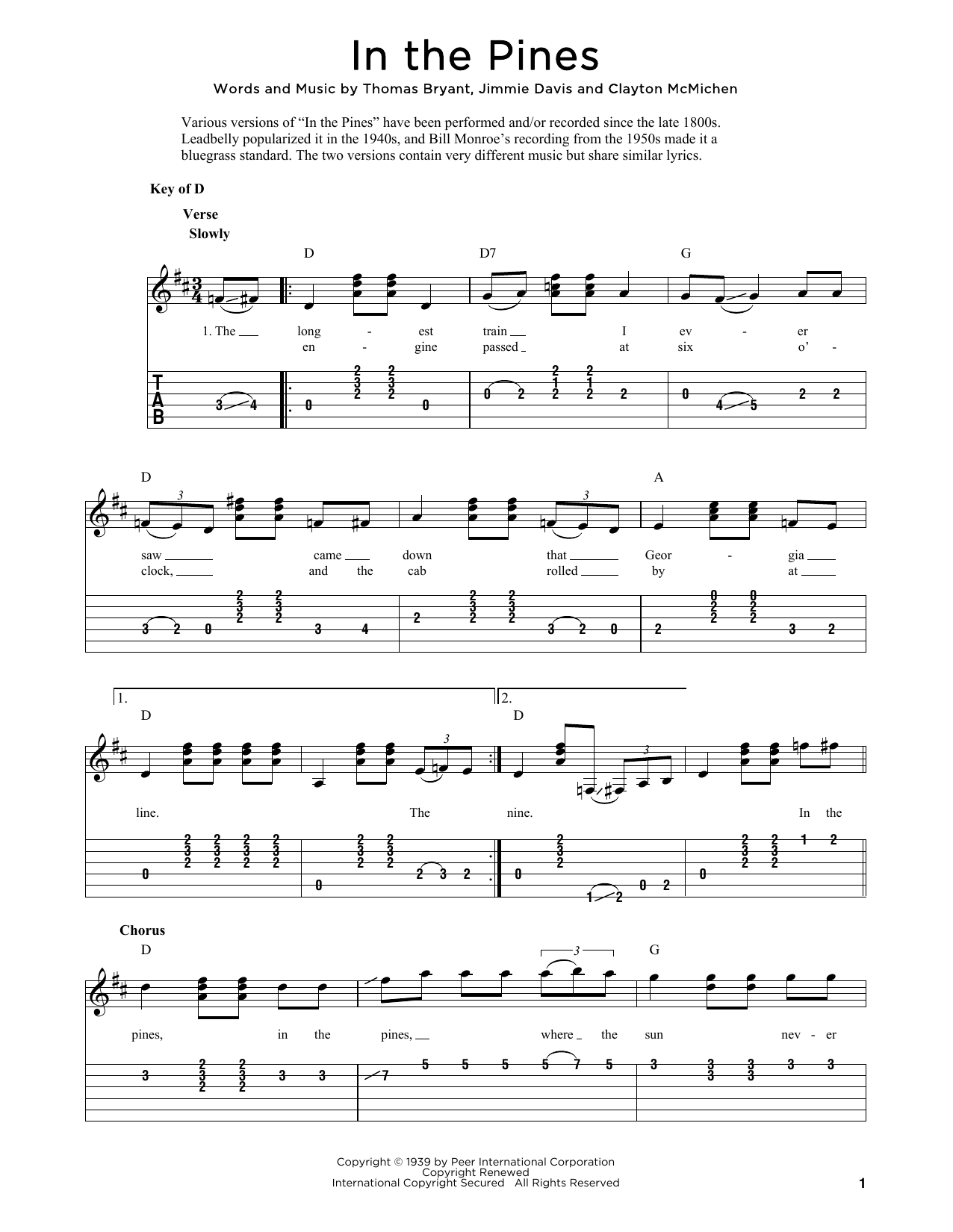 Thomas Bryant In The Pines (arr. Fred Sokolow) Sheet Music Notes & Chords for Solo Guitar Tab - Download or Print PDF