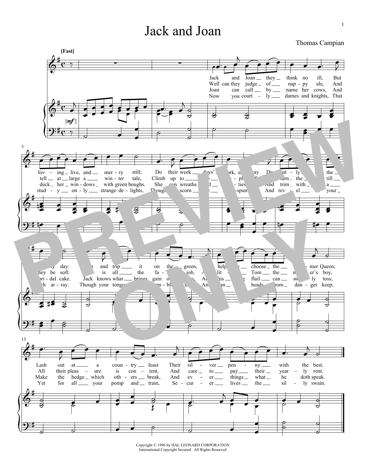 Thomas Campian Jack And Joan Sheet Music Notes & Chords for Piano & Vocal - Download or Print PDF