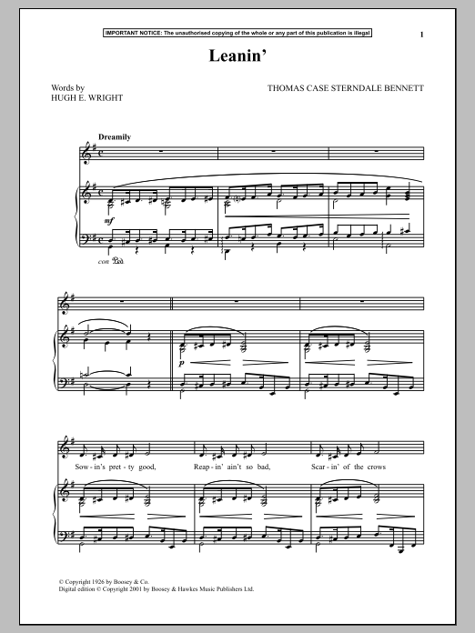 Thomas Case Sterndale Bennett Leanin Sheet Music Notes & Chords for Piano & Vocal - Download or Print PDF
