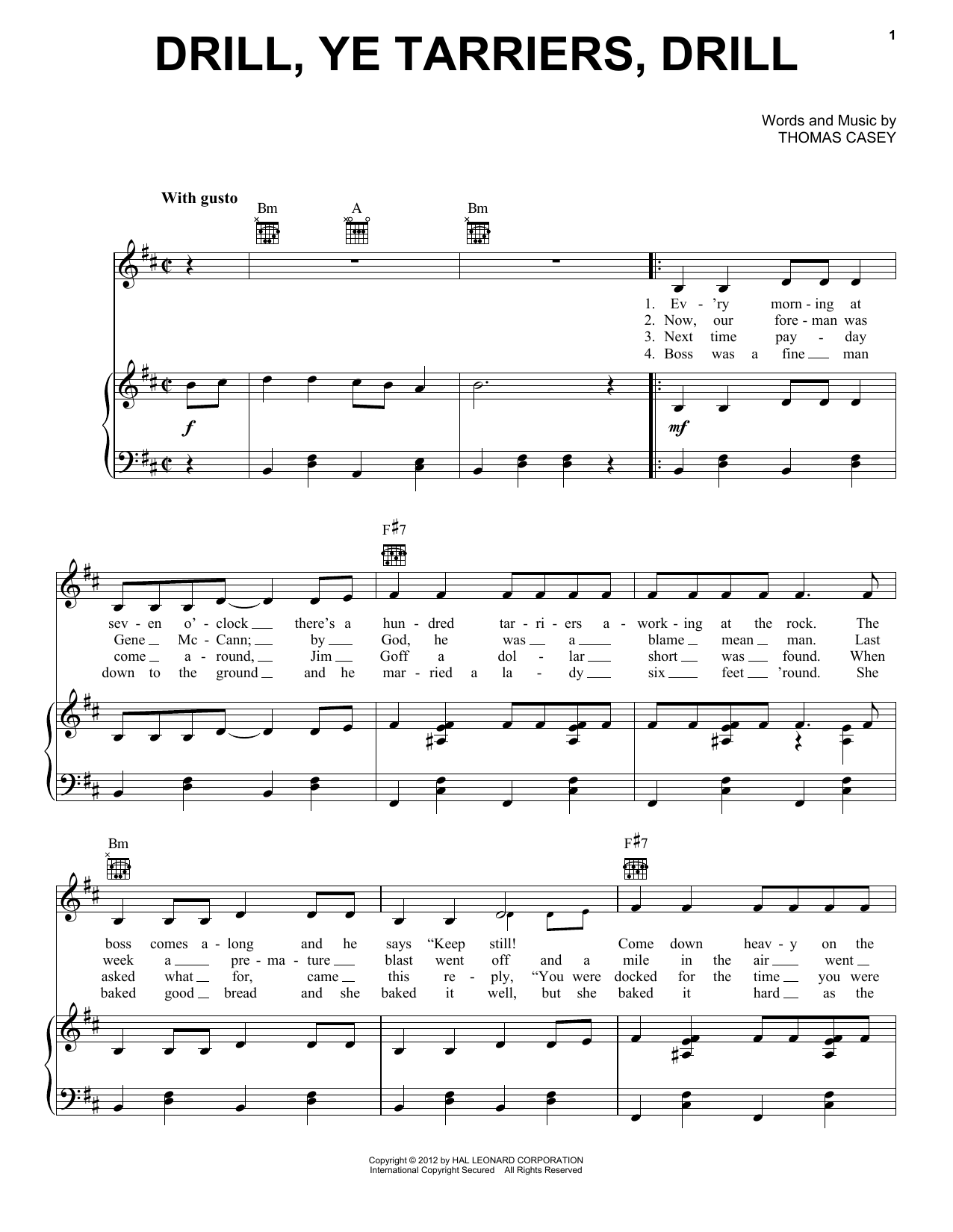 Thomas Casey Drill Ye Tarriers Sheet Music Notes & Chords for Piano, Vocal & Guitar (Right-Hand Melody) - Download or Print PDF