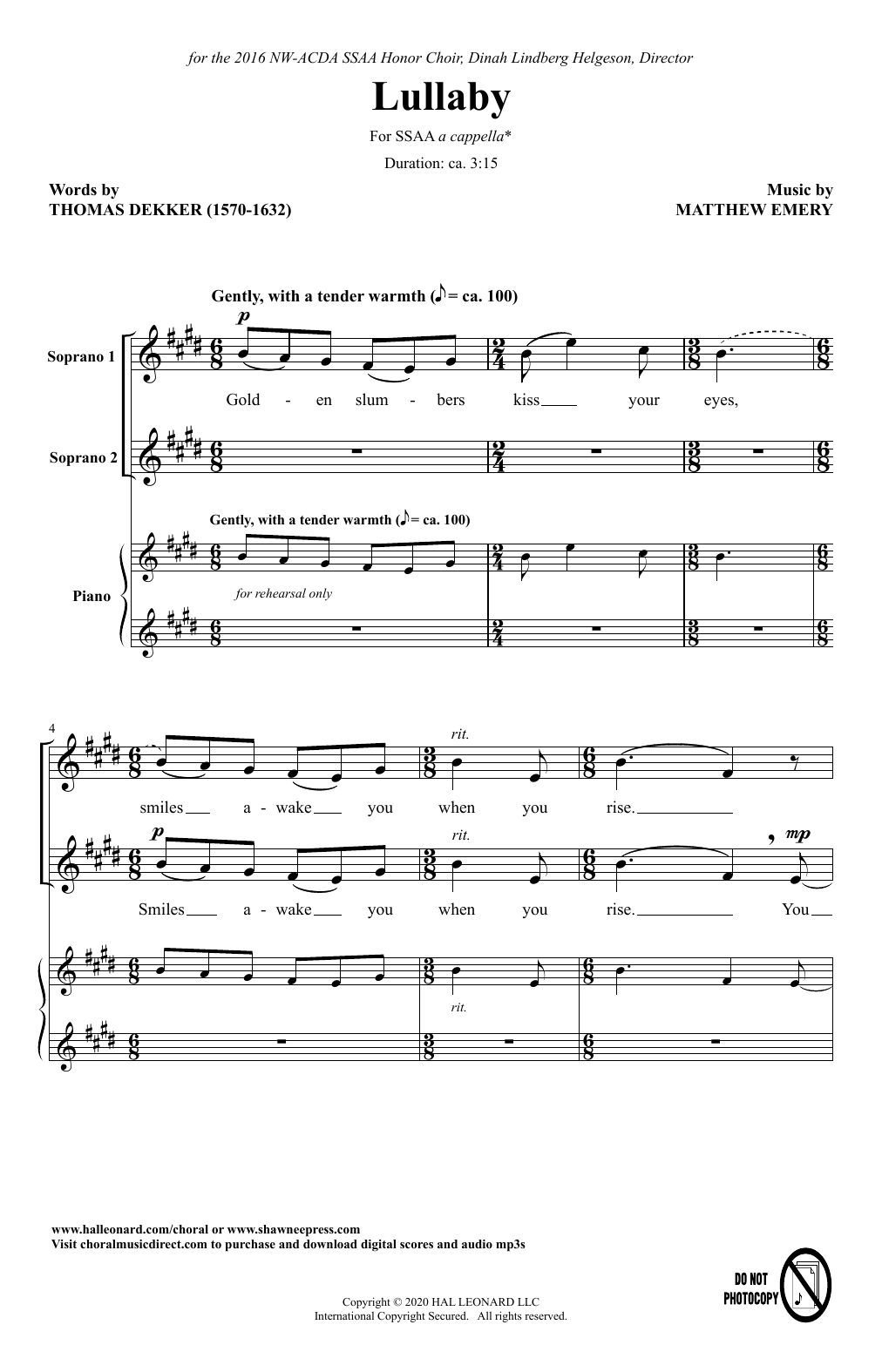 Thomas Dekker and Matthew Emery Lullaby Sheet Music Notes & Chords for SSA Choir - Download or Print PDF