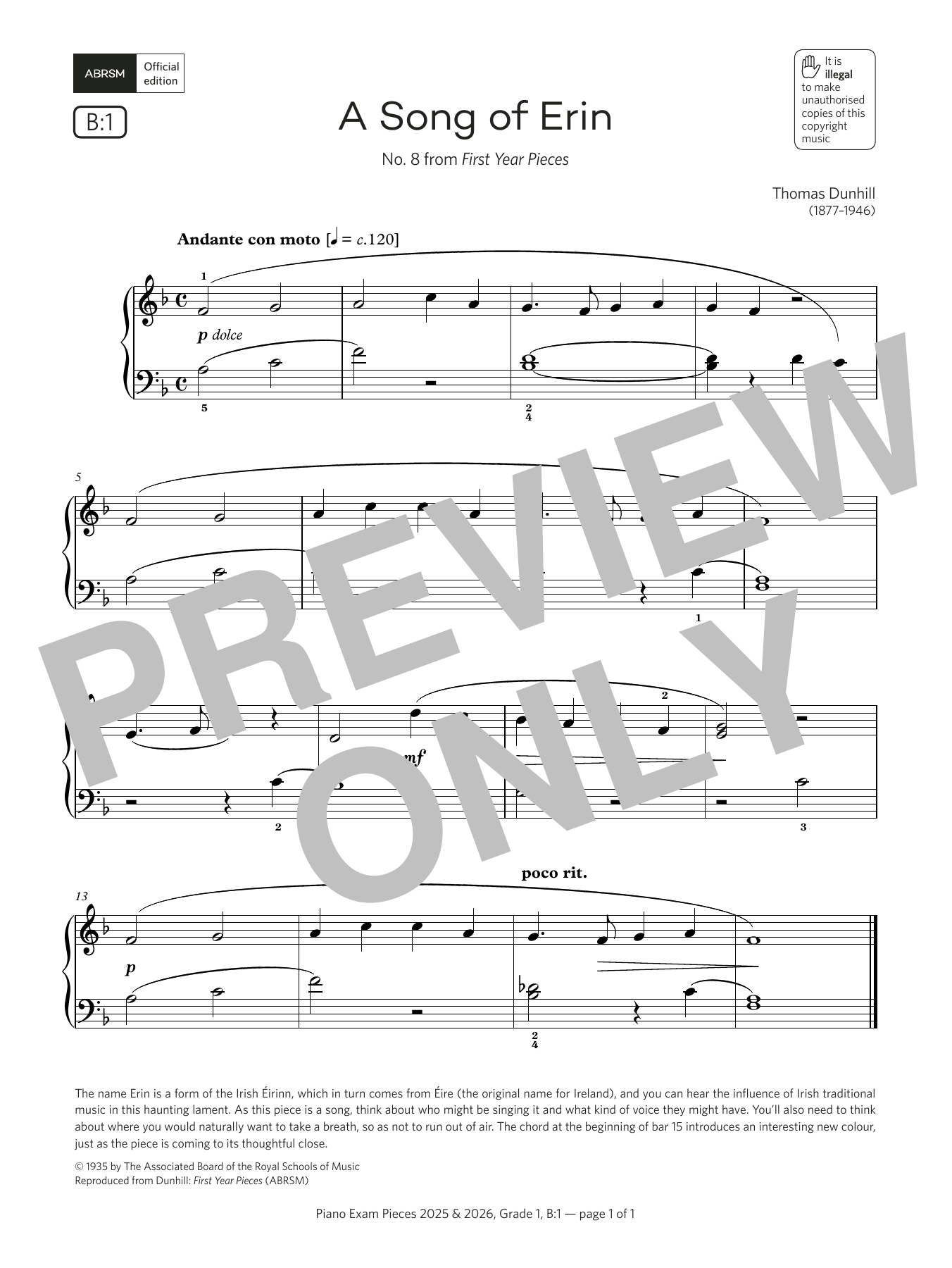 Thomas Dunhill A Song of Erin (Grade 1, list B1, from the ABRSM Piano Syllabus 2025 & 2026) Sheet Music Notes & Chords for Piano Solo - Download or Print PDF