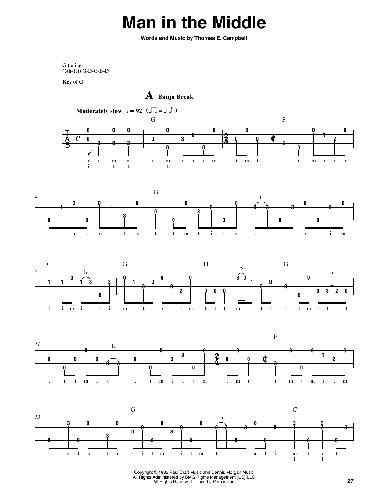 Thomas E. Campbell Man In The Middle Sheet Music Notes & Chords for Banjo - Download or Print PDF