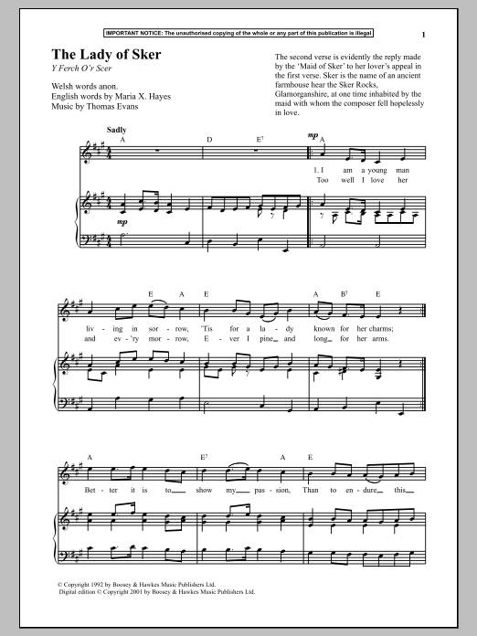 Thomas Evans The Lady Of Sker Sheet Music Notes & Chords for Piano - Download or Print PDF