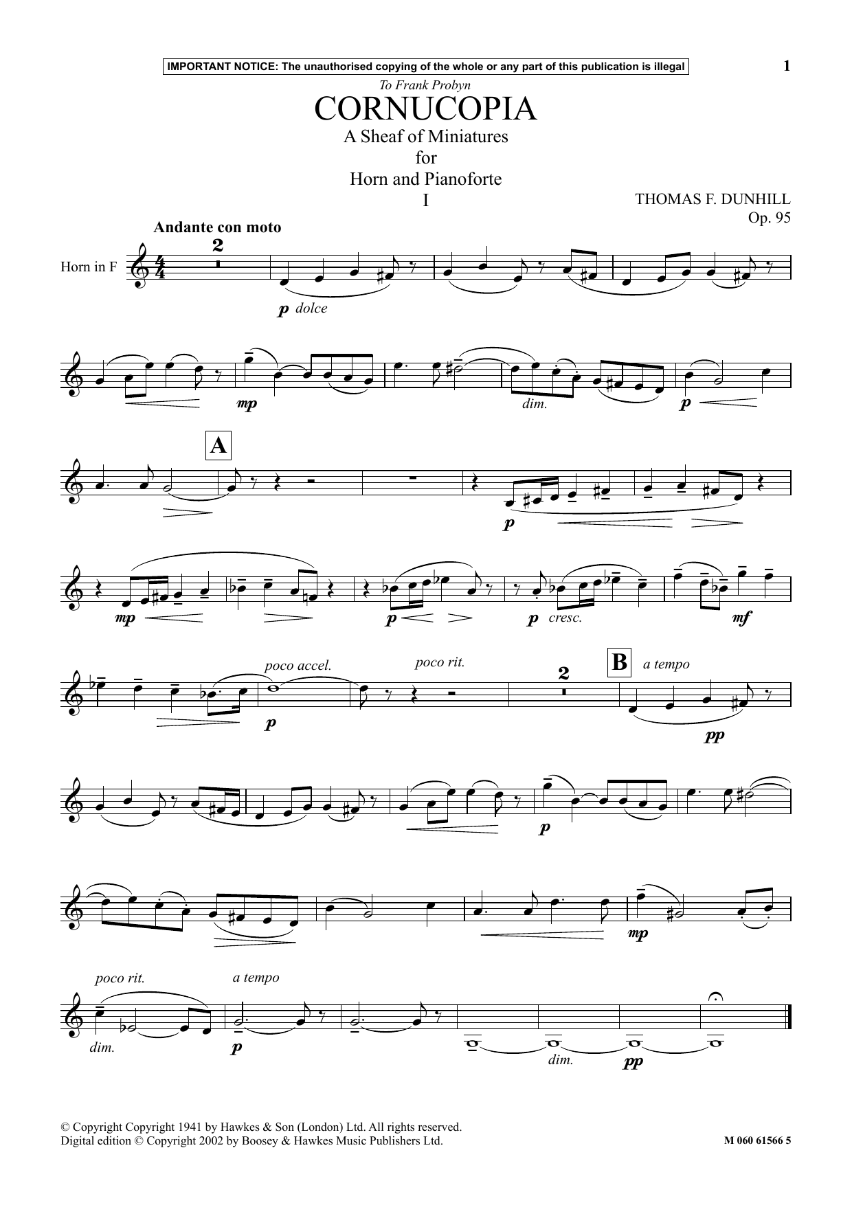 Thomas F. Dunhill Cornucopia - A Sheaf Of Miniatures For Horn And Pianoforte (I) Sheet Music Notes & Chords for Instrumental Solo - Download or Print PDF