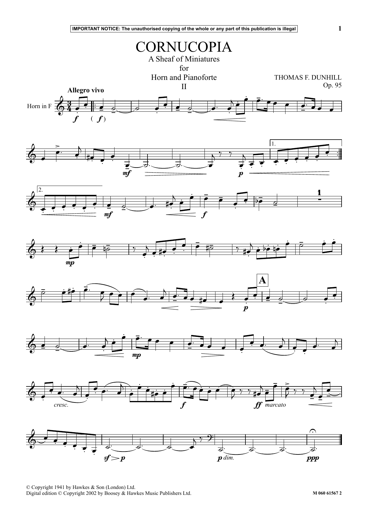 Thomas F. Dunhill Cornucopia - A Sheaf Of Miniatures For Horn And Pianoforte (II) Sheet Music Notes & Chords for Instrumental Solo - Download or Print PDF