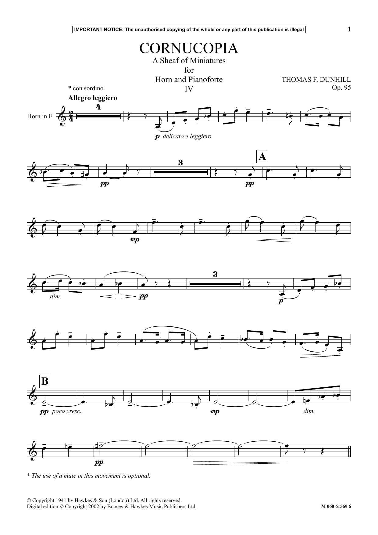 Thomas F. Dunhill Cornucopia - A Sheaf Of Miniatures For Horn And Pianoforte (IV) Sheet Music Notes & Chords for Instrumental Solo - Download or Print PDF