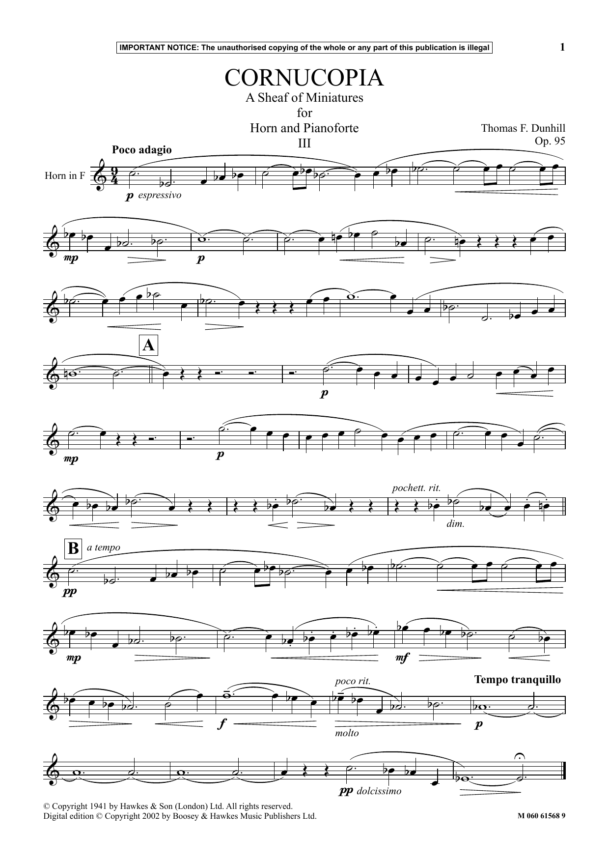 Thomas F. Dunhill Cornucopia- A Sheaf Of Miniatures For Horn And Pianoforte (III) Sheet Music Notes & Chords for Instrumental Solo - Download or Print PDF