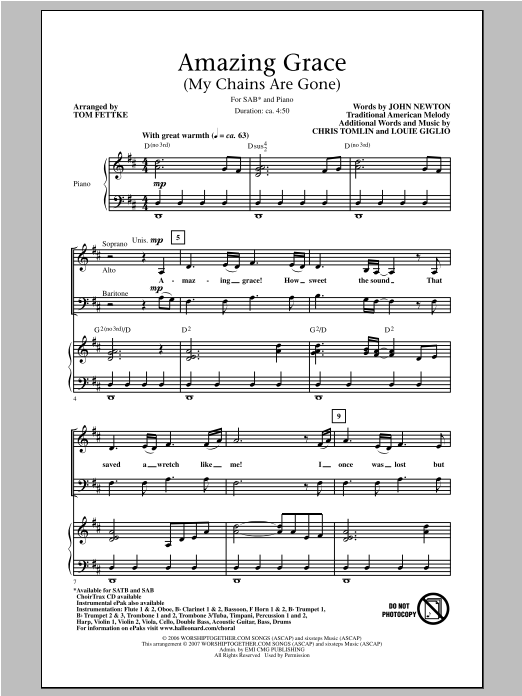 Tom Fettke Amazing Grace (My Chains Are Gone) Sheet Music Notes & Chords for SAB - Download or Print PDF
