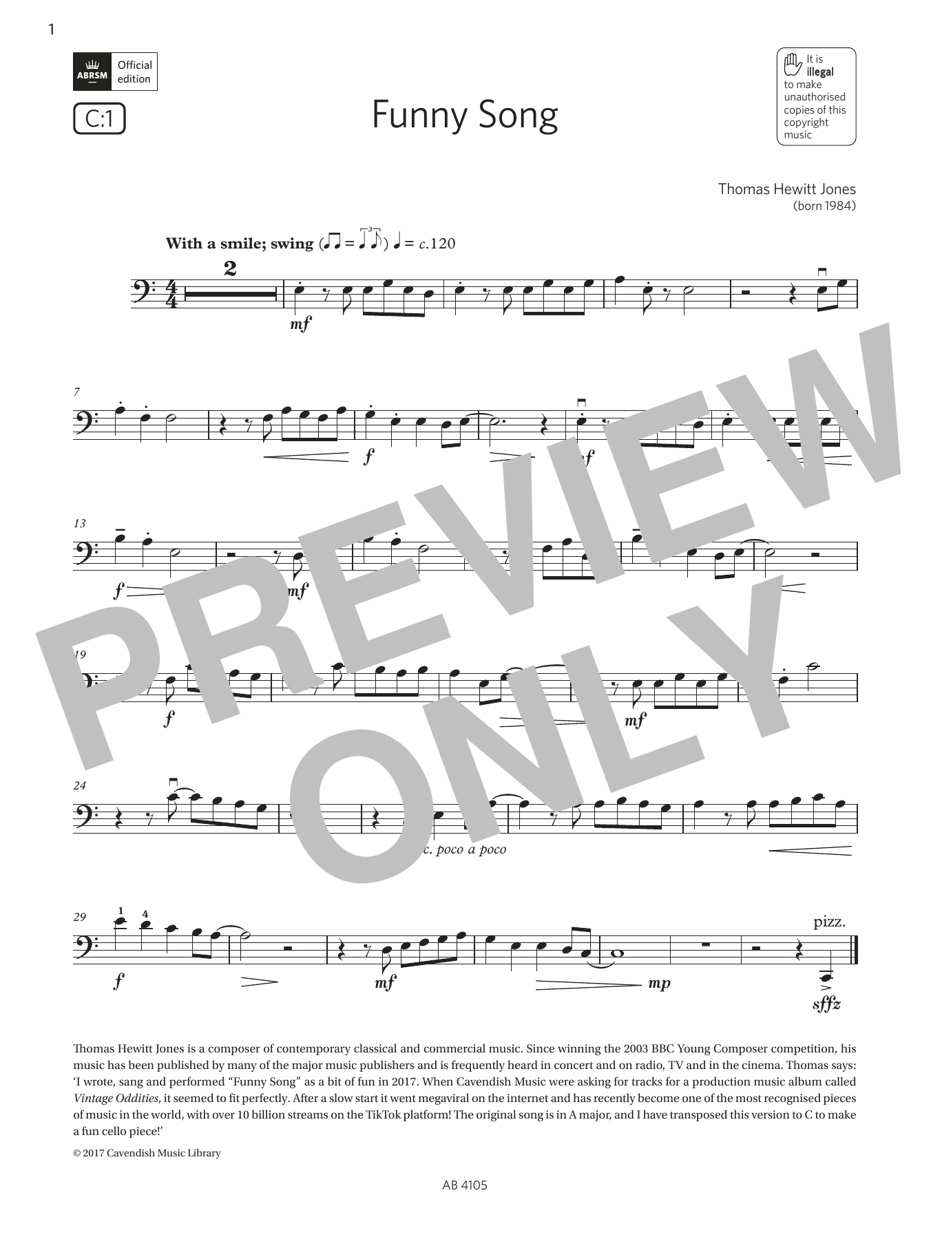 Thomas Hewitt Jones Funny Song (Grade 2, C1, from the ABRSM Cello Syllabus from 2024) Sheet Music Notes & Chords for Cello Solo - Download or Print PDF