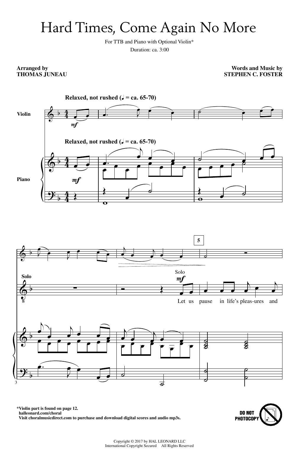 Thomas Juneau Hard Times, Come Again No More Sheet Music Notes & Chords for TTBB - Download or Print PDF