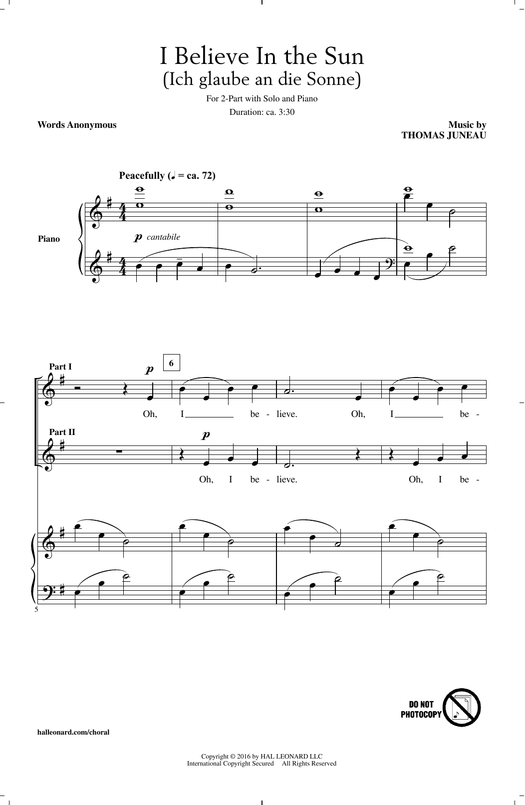 Thomas Juneau I Believe In The Sun (Ich Glaube An Die Sonne) Sheet Music Notes & Chords for 2-Part Choir - Download or Print PDF