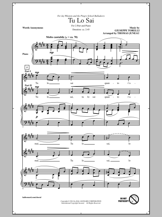 Thomas Juneau Tu Lo Sai Sheet Music Notes & Chords for 2-Part Choir - Download or Print PDF