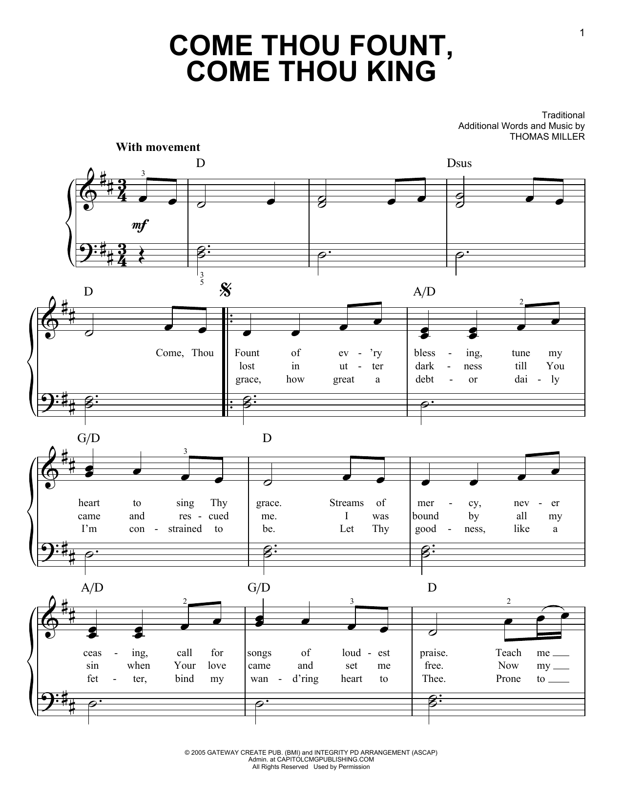 Thomas Miller Come Thou Fount, Come Thou King Sheet Music Notes & Chords for Very Easy Piano - Download or Print PDF