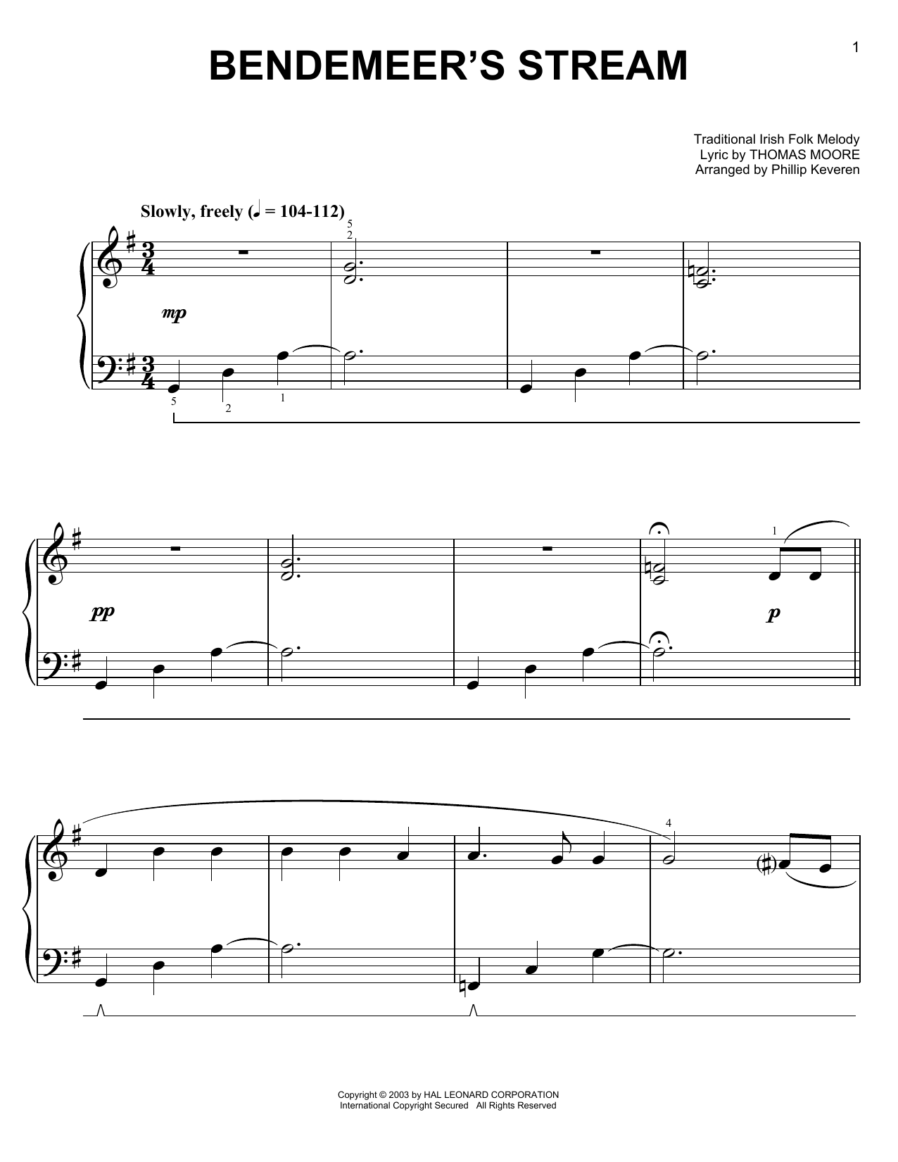Thomas Moore Bendemeer's Stream Sheet Music Notes & Chords for Easy Piano - Download or Print PDF