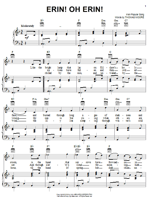 Thomas Moore Erin! Oh Erin! Sheet Music Notes & Chords for Piano, Vocal & Guitar (Right-Hand Melody) - Download or Print PDF