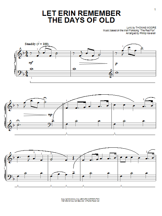 Thomas Moore Let Erin Remember The Days Of Old Sheet Music Notes & Chords for Easy Piano - Download or Print PDF