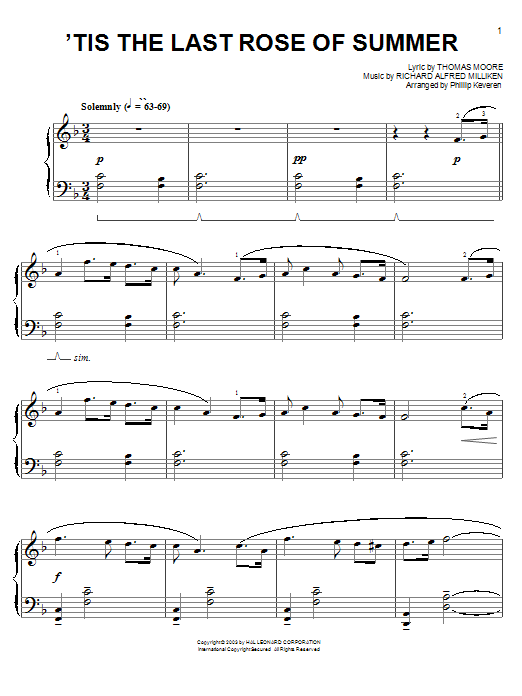 Thomas Moore 'Tis The Last Rose Of Summer Sheet Music Notes & Chords for Easy Piano - Download or Print PDF