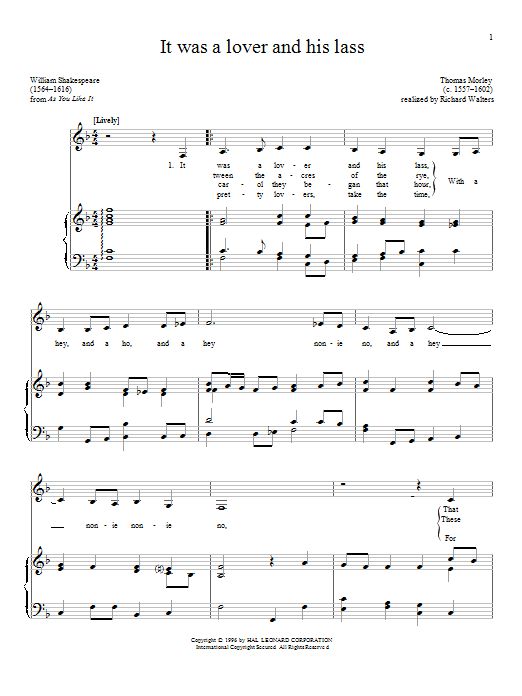Thomas Morley It Was A Lover And His Lass Sheet Music Notes & Chords for Piano & Vocal - Download or Print PDF
