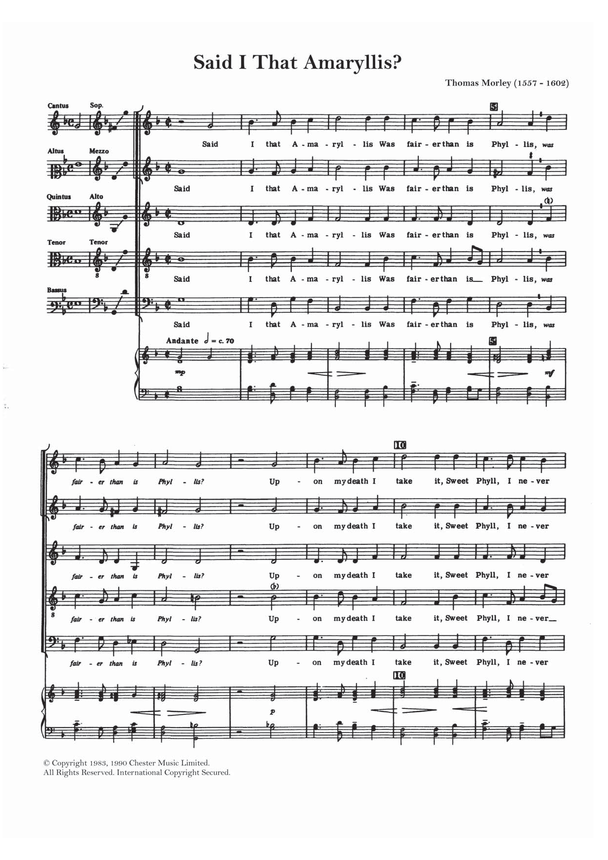 Thomas Morley Said I That Amaryllis? Sheet Music Notes & Chords for Choir - Download or Print PDF
