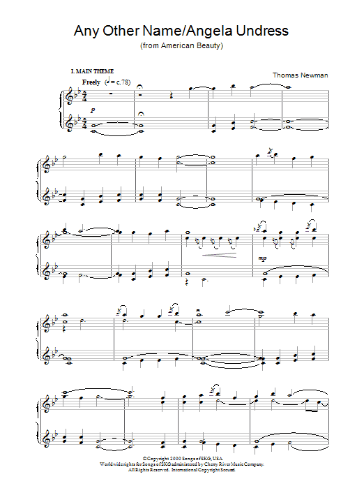 Thomas Newman Any Other Name/Angela Undress (from American Beauty) Sheet Music Notes & Chords for Piano - Download or Print PDF