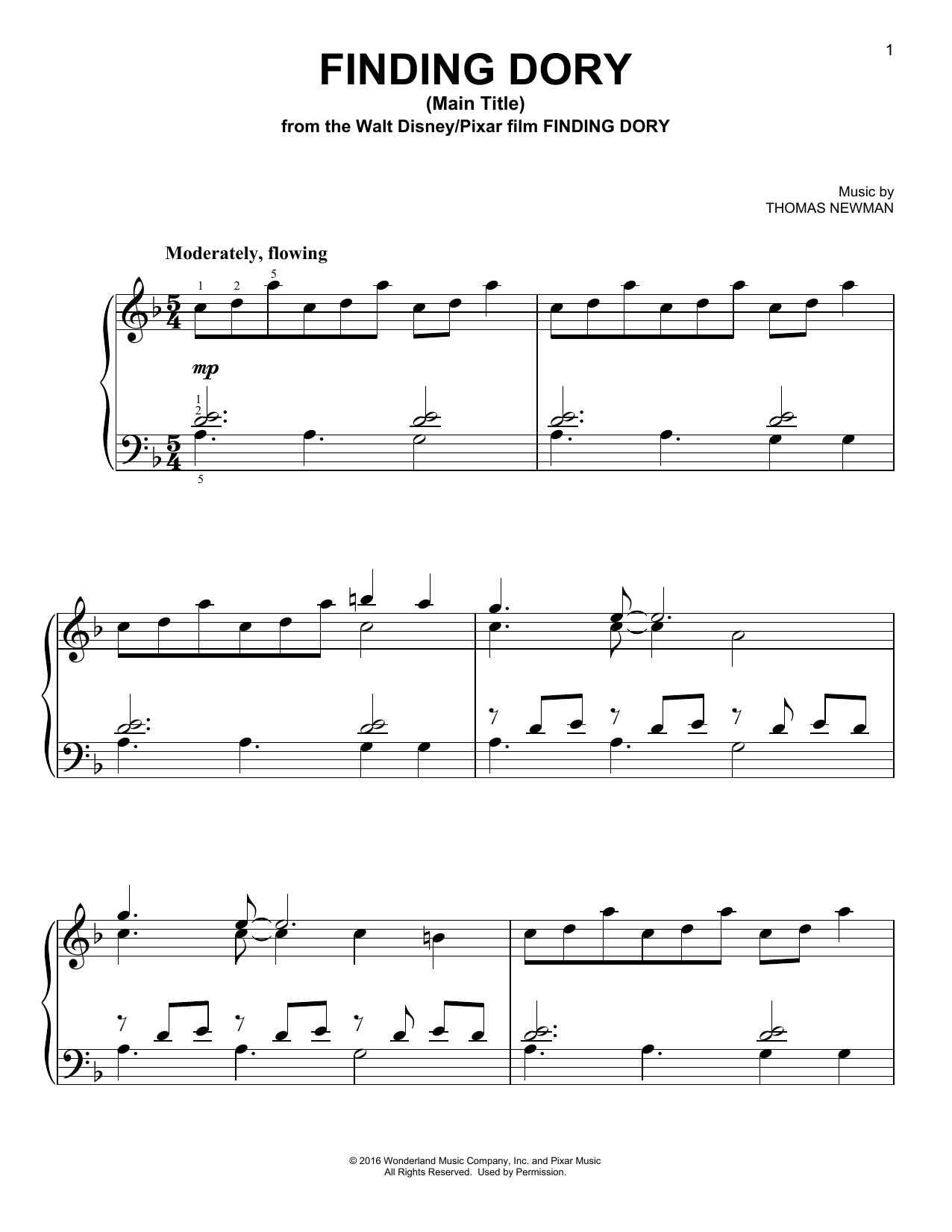 Thomas Newman Finding Dory (Main Title) Sheet Music Notes & Chords for Piano - Download or Print PDF