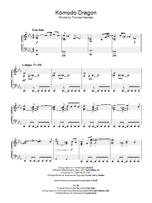 Thomas Newman Komodo Dragon Sheet Music Notes & Chords for Piano - Download or Print PDF