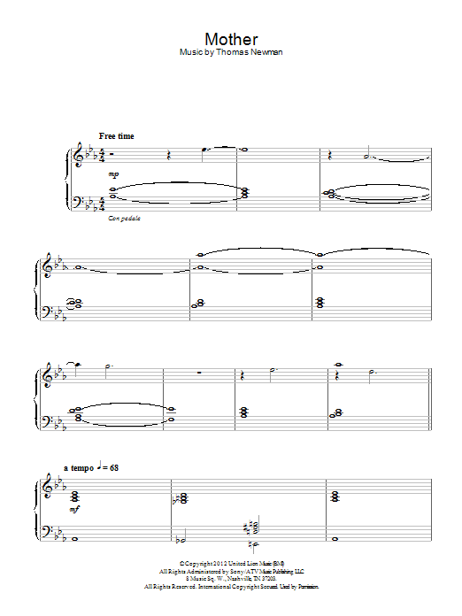 Thomas Newman Mother Sheet Music Notes & Chords for Piano - Download or Print PDF