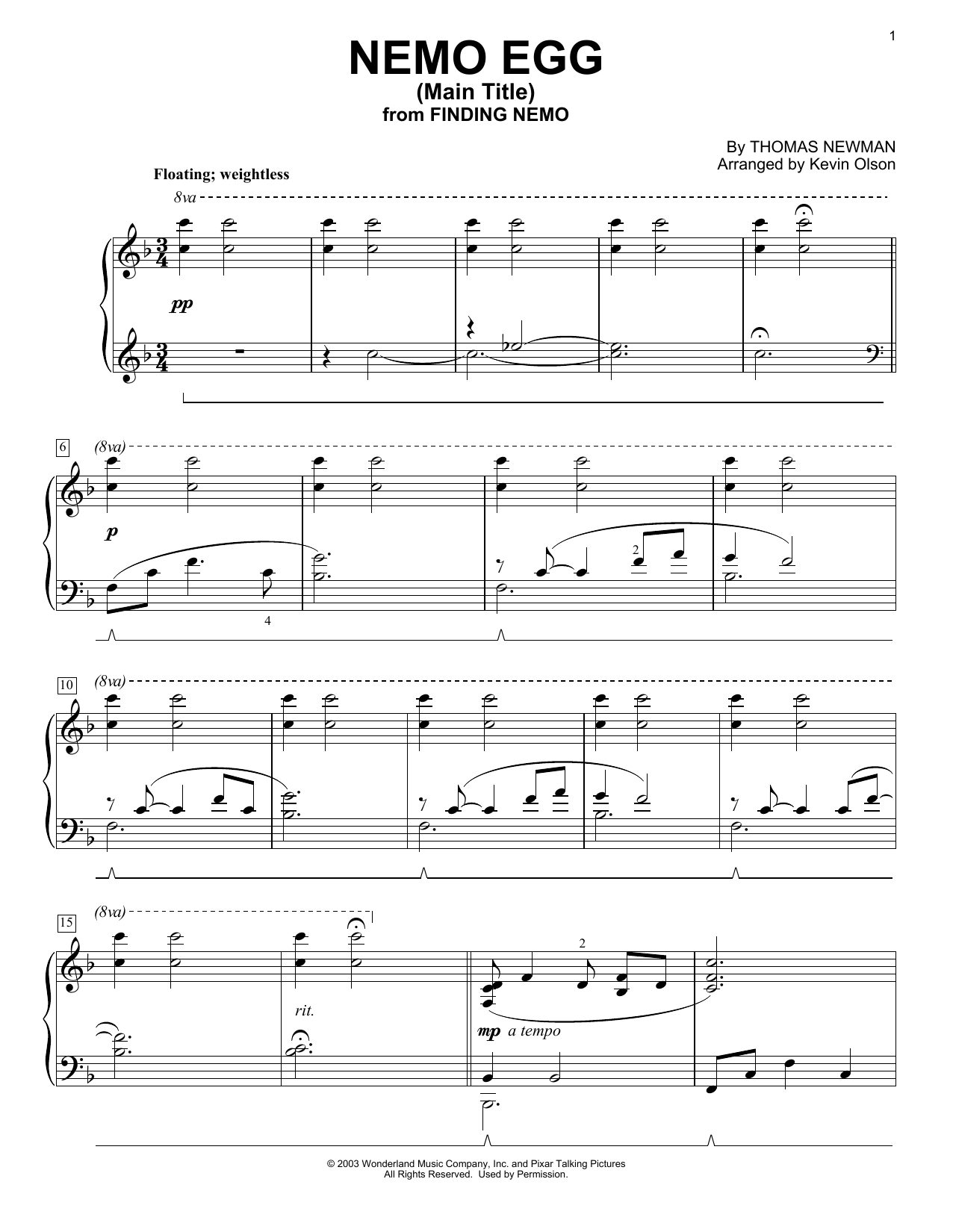 Thomas Newman Nemo Egg (Main Title) (from Finding Nemo) (arr. Kevin Olson) Sheet Music Notes & Chords for Easy Piano Solo - Download or Print PDF