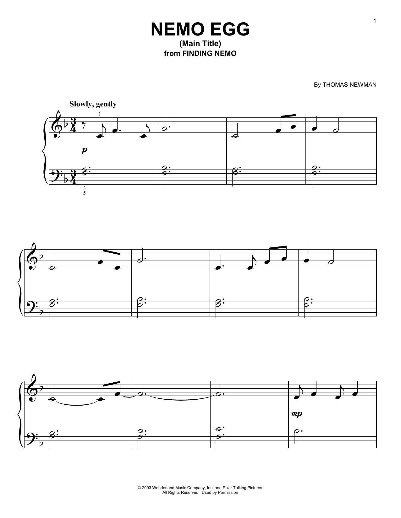 Thomas Newman Nemo Egg (Main Title) (from Finding Nemo) Sheet Music Notes & Chords for Easy Piano - Download or Print PDF