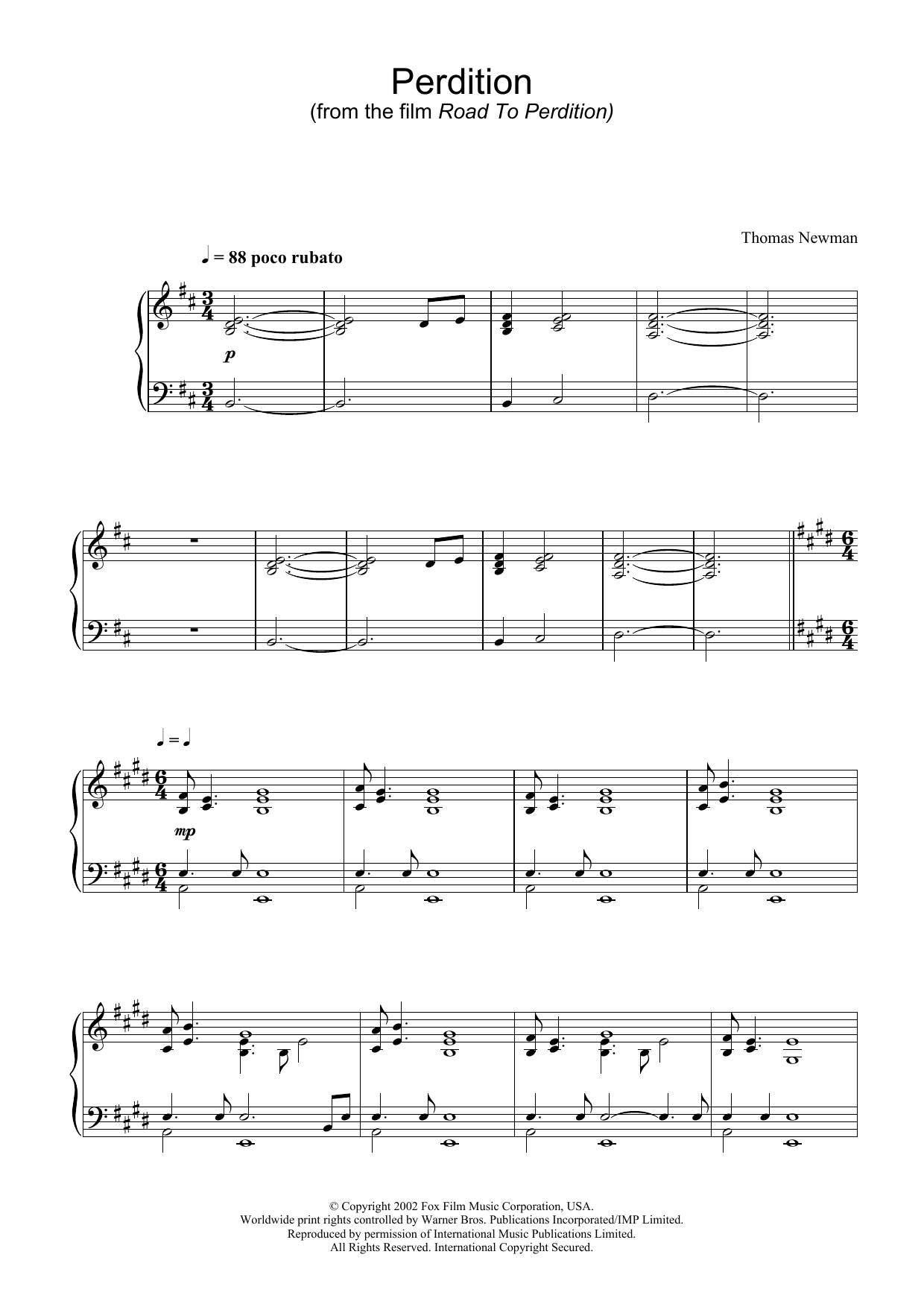 Thomas Newman Perdition (from Road To Perdition) Sheet Music Notes & Chords for Piano - Download or Print PDF