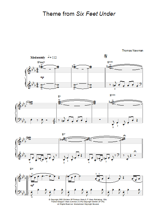 Thomas Newman Theme from Six Feet Under Sheet Music Notes & Chords for Beginner Piano - Download or Print PDF