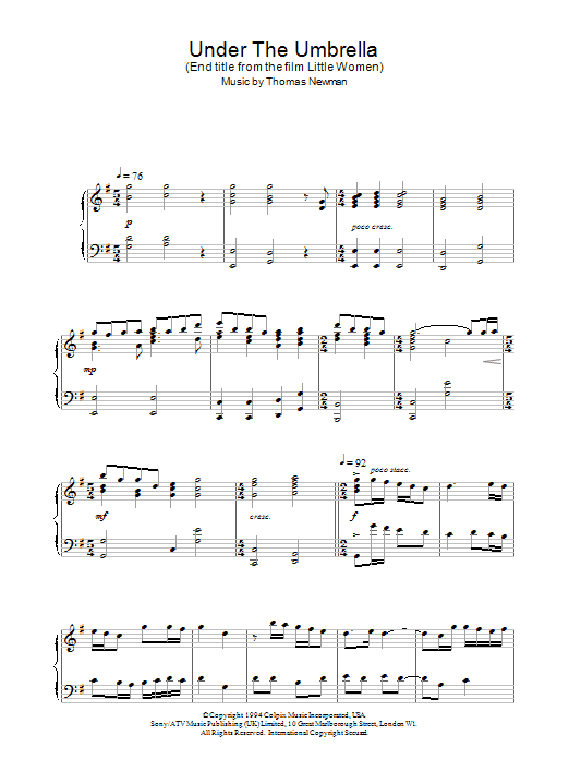 Thomas Newman Under The Umbrella Sheet Music Notes & Chords for Piano - Download or Print PDF