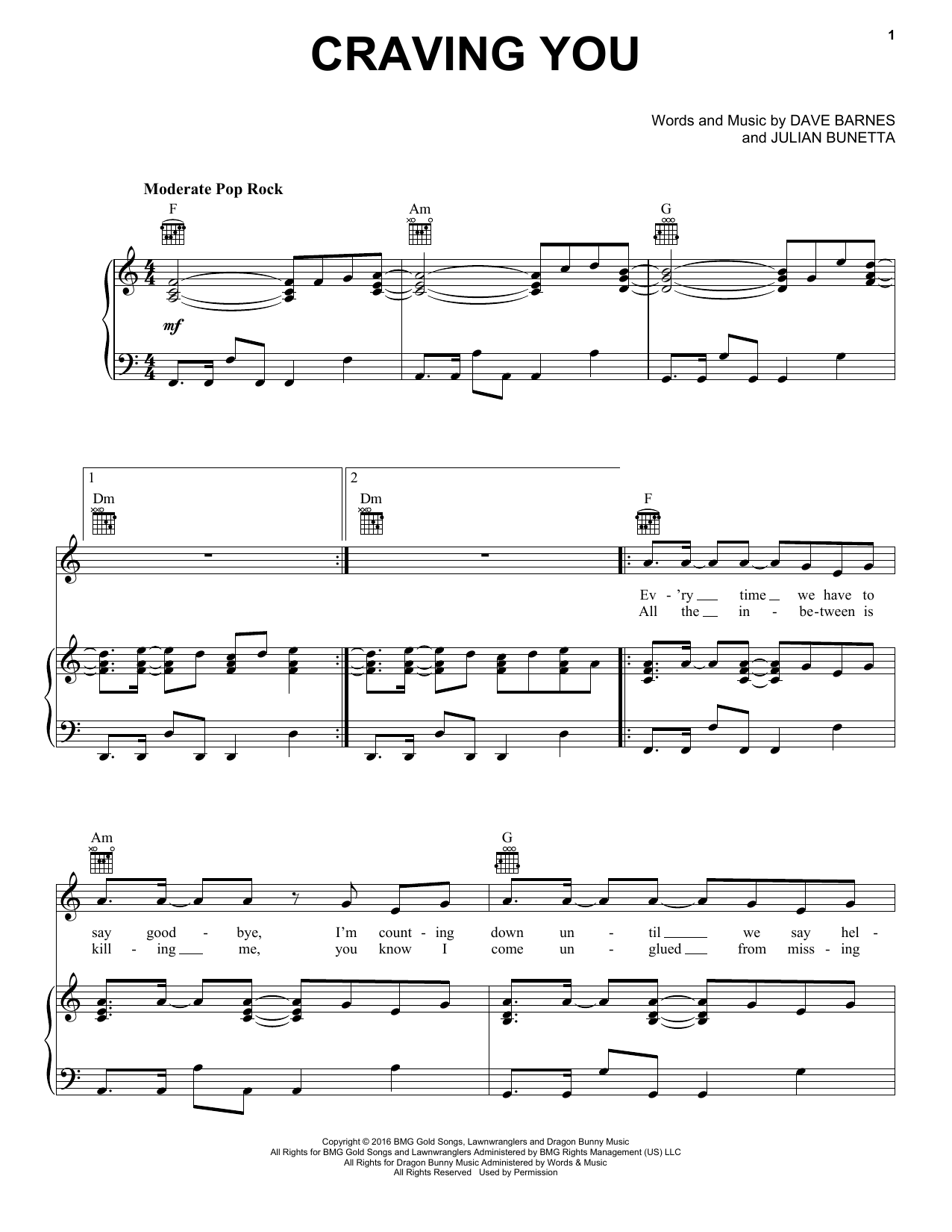 Thomas Rhett Craving You (feat. Maren Morris) Sheet Music Notes & Chords for Piano, Vocal & Guitar (Right-Hand Melody) - Download or Print PDF