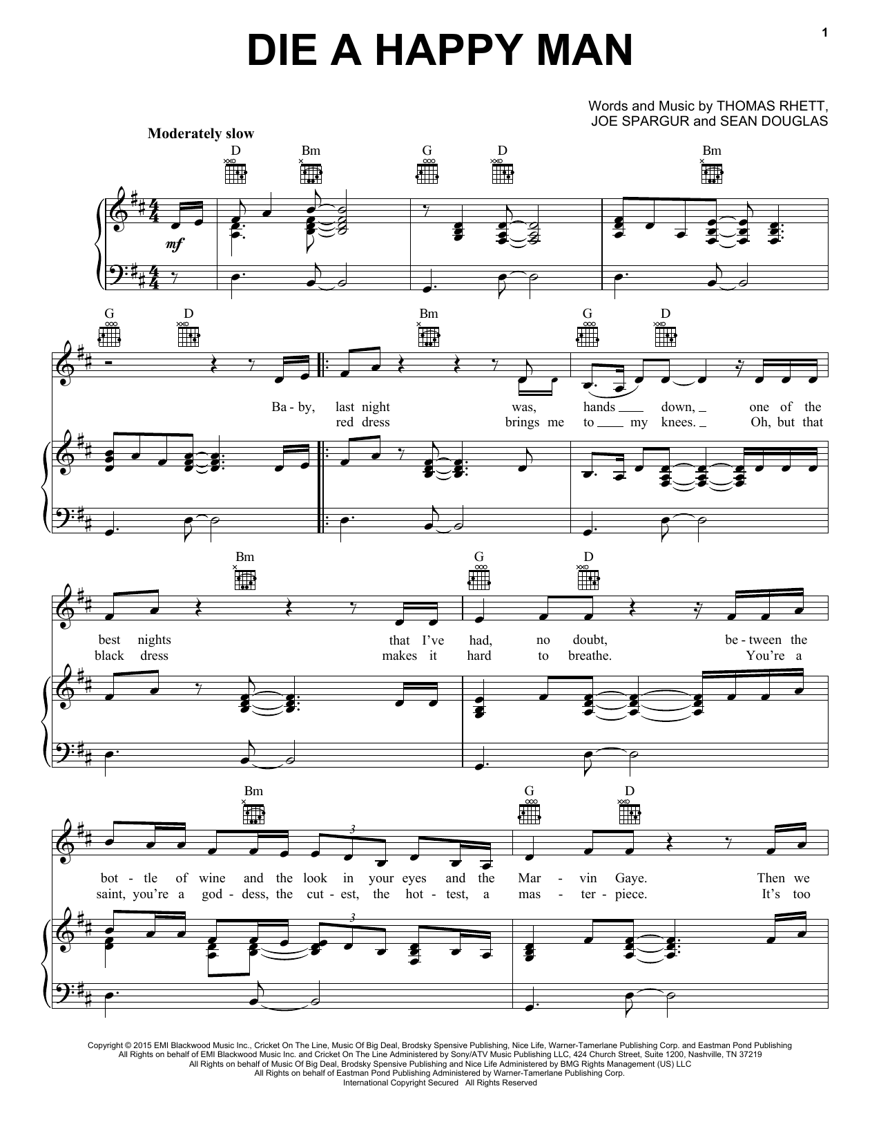 Thomas Rhett Die A Happy Man Sheet Music Notes & Chords for Lyrics & Chords - Download or Print PDF