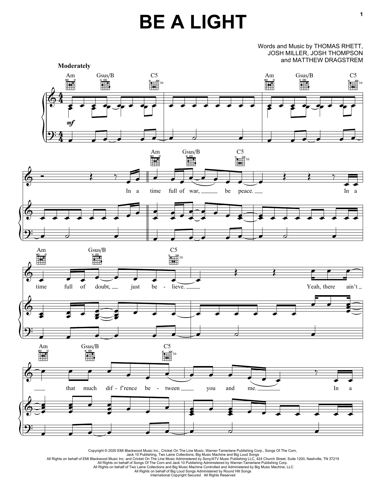 Thomas Rhett, Reba McEntire, Hillary Scott, Chris Tomlin and Keith Urban Be A Light Sheet Music Notes & Chords for Piano, Vocal & Guitar (Right-Hand Melody) - Download or Print PDF