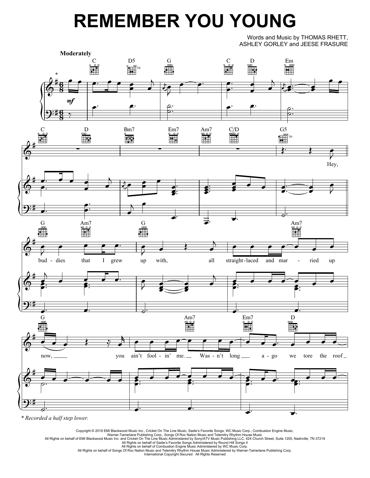 Thomas Rhett Remember You Young Sheet Music Notes & Chords for Piano, Vocal & Guitar (Right-Hand Melody) - Download or Print PDF