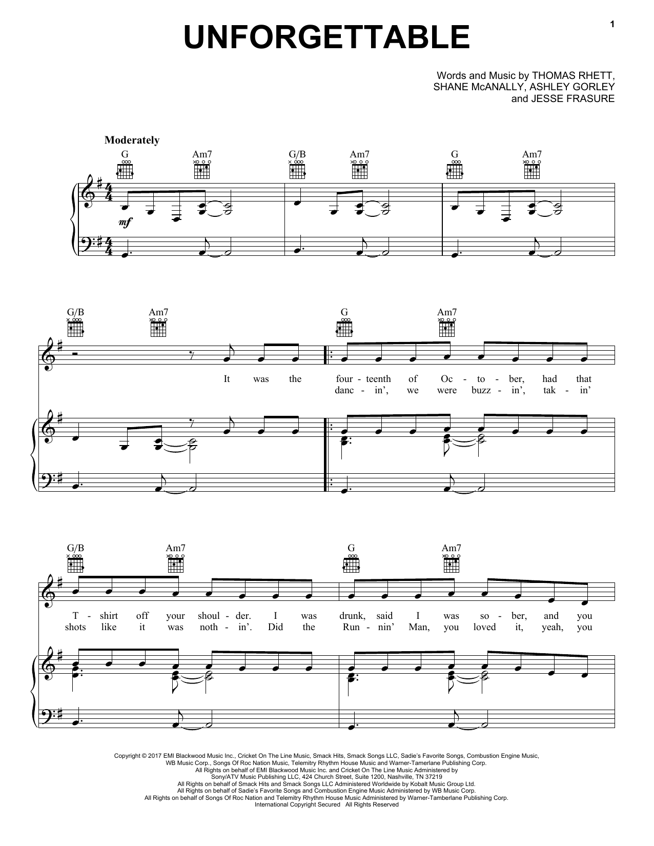 Thomas Rhett Unforgettable Sheet Music Notes & Chords for Piano, Vocal & Guitar (Right-Hand Melody) - Download or Print PDF