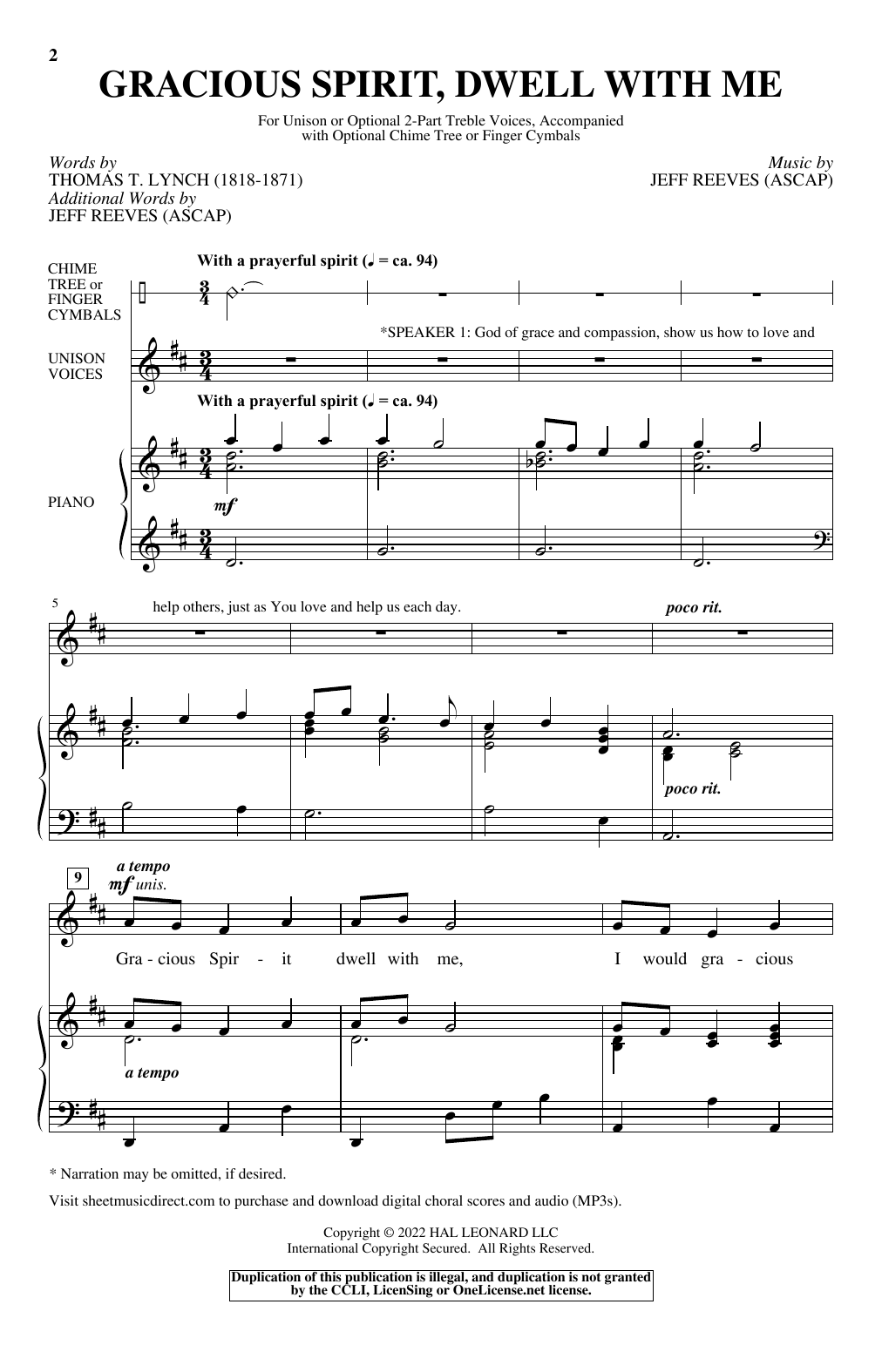 Thomas T. Lynch and Jeff Reeves Gracious Spirit, Dwell With Me Sheet Music Notes & Chords for Unison Choir - Download or Print PDF
